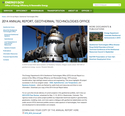 Publicado informe anual del US DOE Geothermal Technologies Office 2014