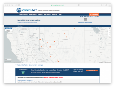 BLM Geothermal realiza venta electrónica de licencias en 20 parcelas en Nevada – Oct. 24 de 2017