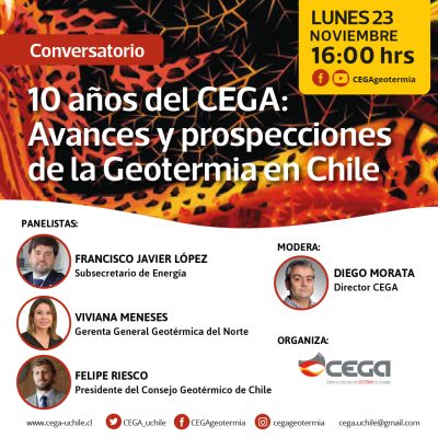 CEGA celebra sus aniversario N°10 con conferencia Avances y Prospecciones de la Geotermia en Chile, 23 de Nov. 2020