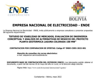 ENDE llama a empresas consultoras a presentar propuestas para Laguna Colorada 100 MW