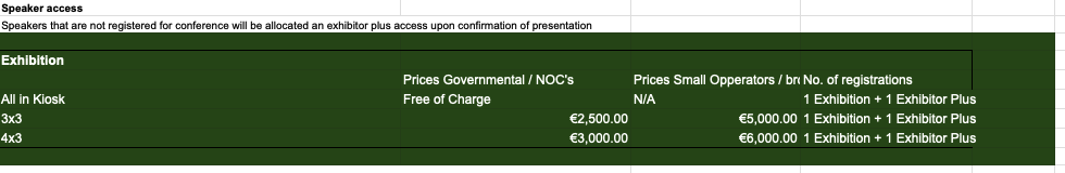 Pricing table for exhibition booths showing booth sizes (3x3 and 4x3), prices for government/NOC and small operators, and the number of registrations (1 Exhibition + 1 Exhibitor Plus).