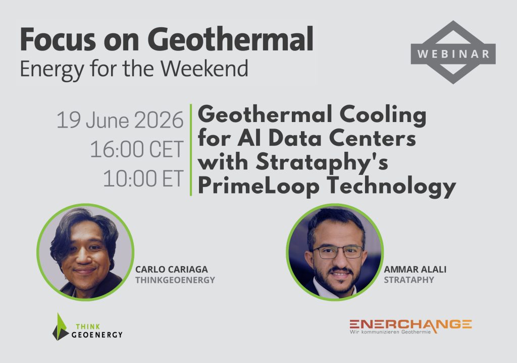 Poster for a webinar: 'Focus on Geothermal' event about geothermal cooling, with speakers Carlo Cariaga and Ammar Alali; includes logos ThinkGeoEnergy and Enerchange.