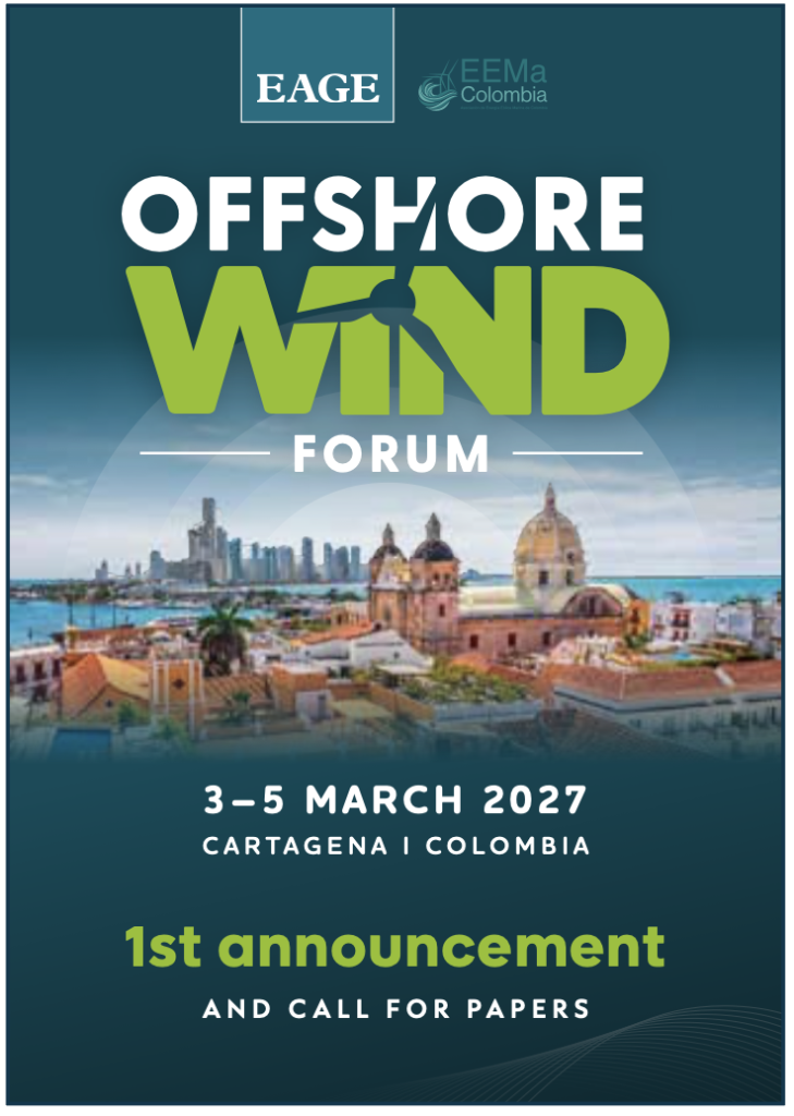 Poster for Offshore Wind Forum by EAGE and EEM Colombia, Cartagena, March 3–5, 2027; 1st announcement and call for papers.